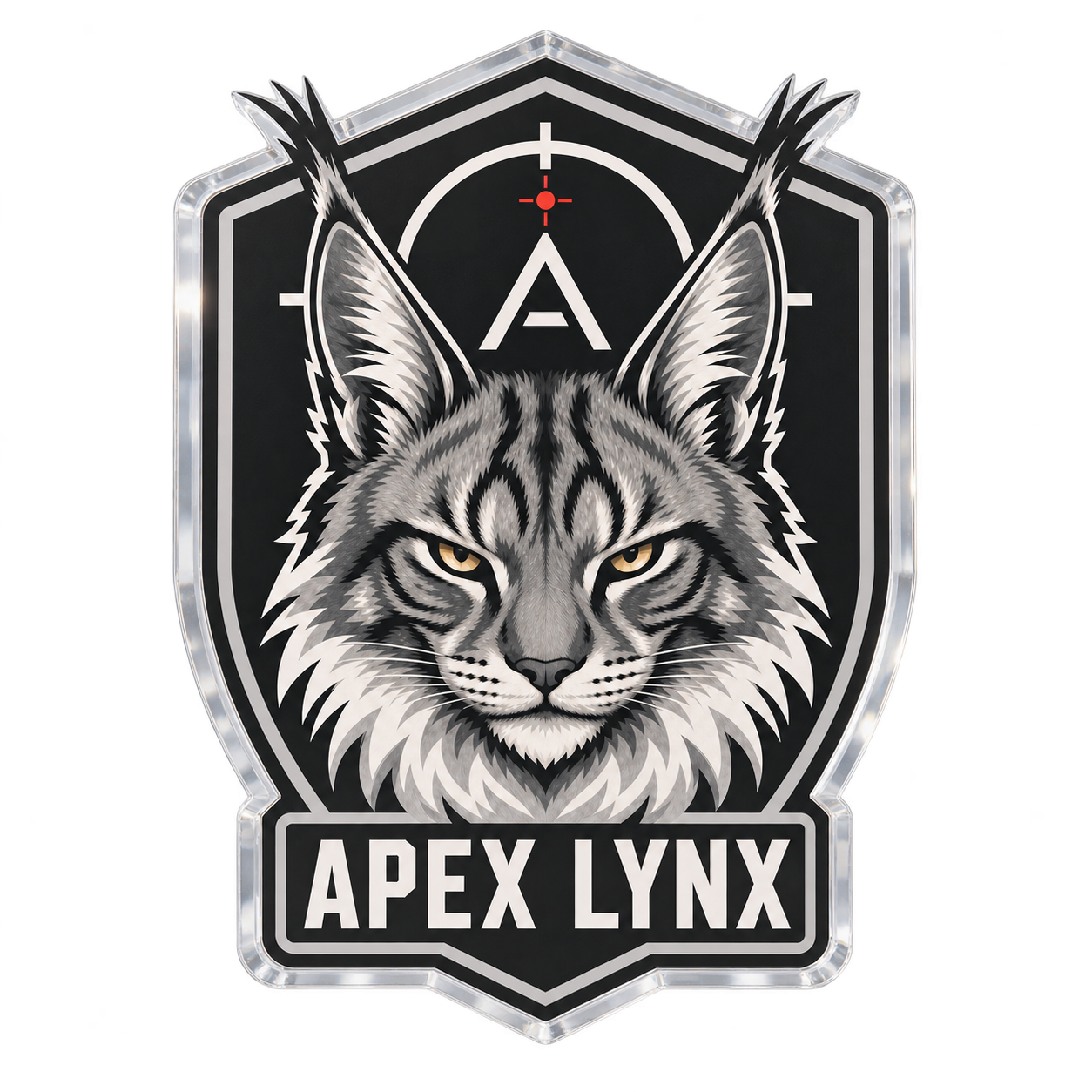 APEX LYNX shield badge rendered as a transparent polished acrylic emblem