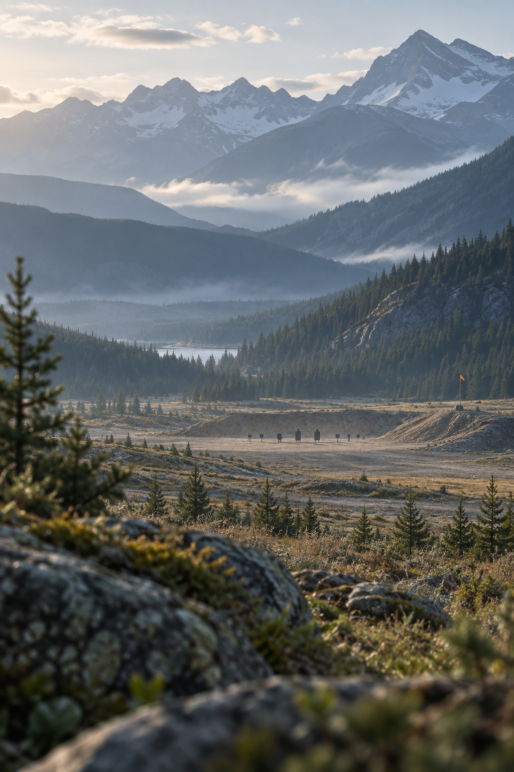 Editorial concept image of a quiet mountain range with a distant shooting area