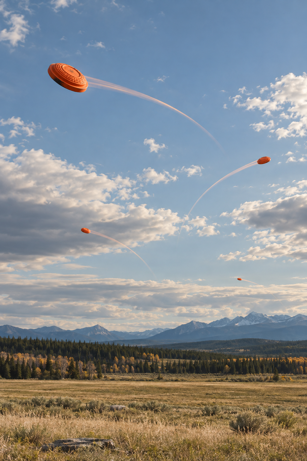 Editorial concept image of orange clay targets crossing a mountain sky